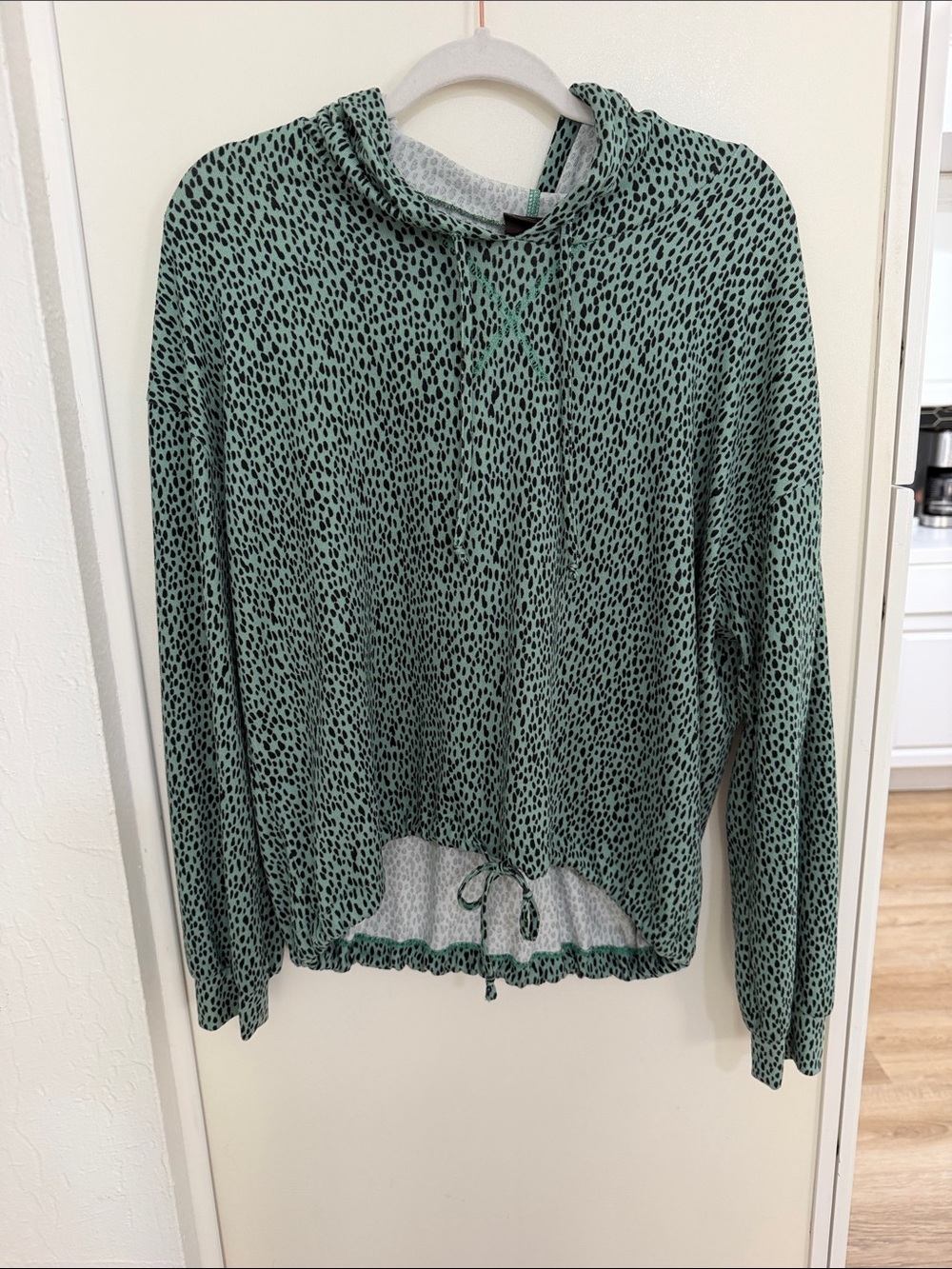 free press Mint Green Leopard-Print Hooded Drawstring Top| S